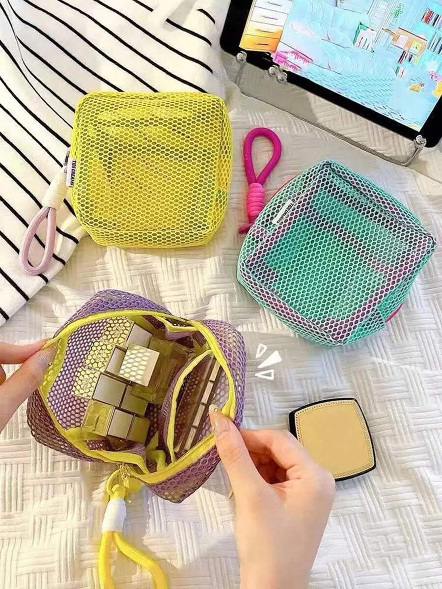 1pc Mini Mesh Coin Purse With Wrist Strap, Portable Keychain Pouch, Transparent Small Cosmetic Bag For Bag Organization