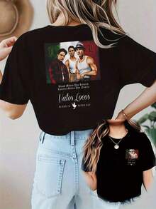 Retrato de tres figuras sobre bandera mexicana que simboliza hermandad y unión con frases sobre lealtad y familia camiseta para mujer 100% algodón - Negro - Ver 5
