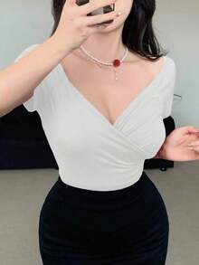 Camiseta de mujer de manga raglán con cuello de corazón de unicolor para salir - Beis - Ver 5