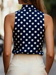 Blusa de mujer casual sin mangas con estampado de lunares, cuello en V, top de mujer, camiseta de mujer, con lunares, retro, diaria, de verano, de vacaciones - Azul - Ver 2