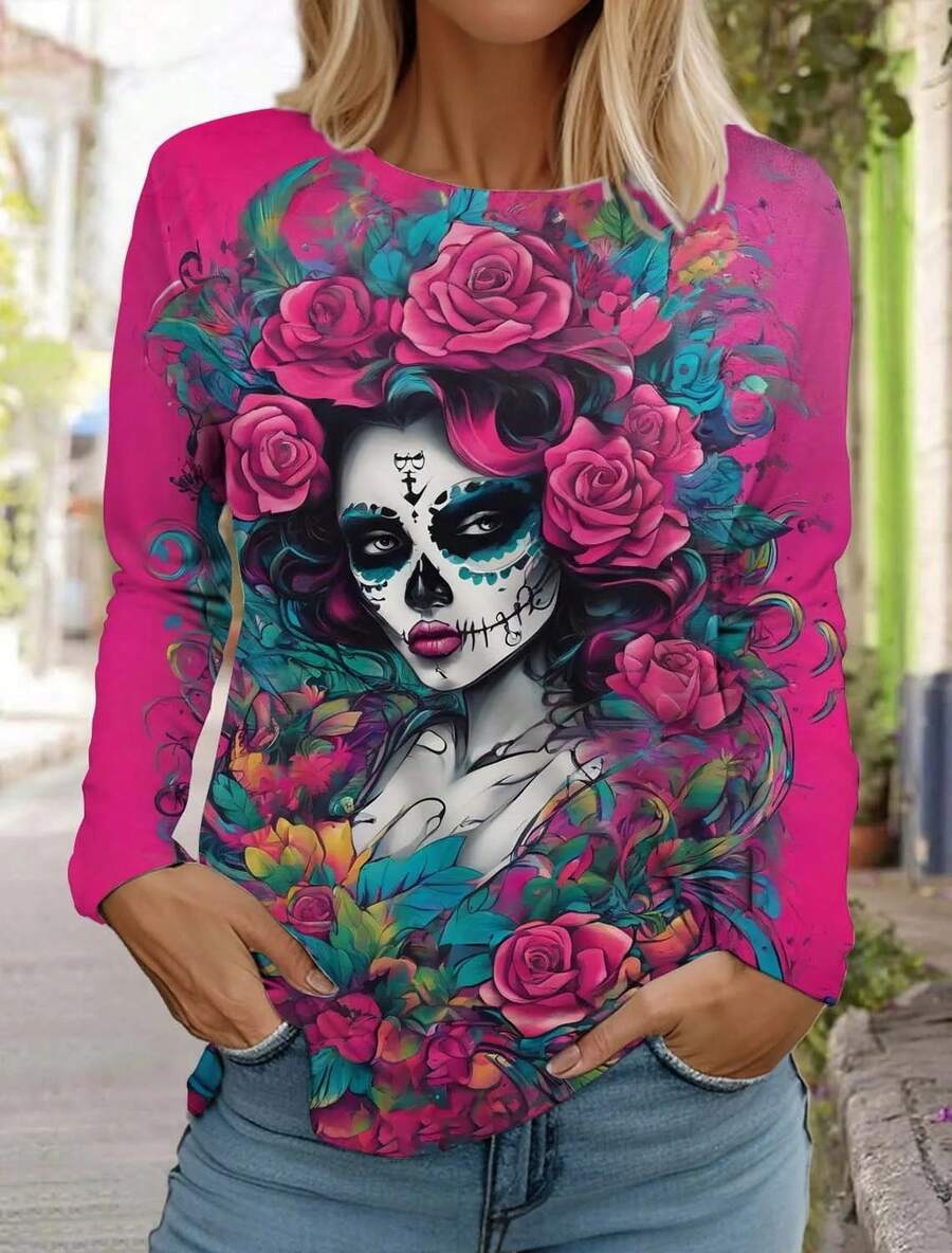 Camisa de manga larga con estampado de calavera de azúcar para mujer, camisas del Día de los muertos, Tops estampados en 3D, ropa de mujer de estilo gótico de verano - CAC04G2025151R6 - Ver 1