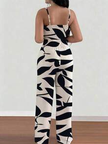 2 piezas Conjunto de top de camiseta elástica de tirantes finos y pantalones de pierna ancha con lazo delantero para mujer - Albaricoque - Ver 2