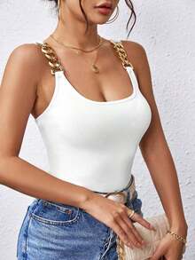 Camiseta Sin Mangas Para Mujer Con Tirantes De Cadena De Metal Y Espalda Descubierta - Blanco - Ver 6