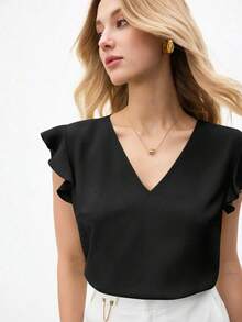 Blusa holgada de manga abullonada y cuello en V para mujer, estilo urbano básico, elegante y minimalista para uso casual en la oficina, adecuada para maestras y atuendo de negocios, otoño - Negro - Ver 10