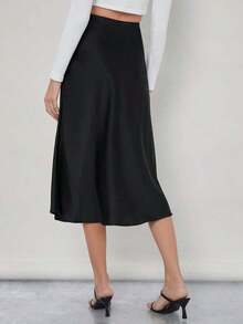 Falda de trabajo lisa negra con detalles de cremallera, falda elegante de señora con cremallera midi estrecha de cintura alta de color negro liso para mujer, para primavera/verano, uso diario casual - Negro - Ver 2