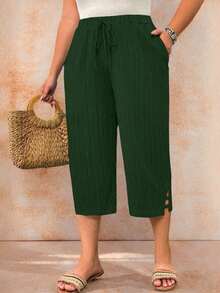 Pantalones capri informales de talla grande de un solo color - verde militar 3 - Ver 3