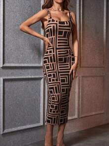Vestido ajustado de tirantes con estampado geométrico - Multicolor - Ver 5