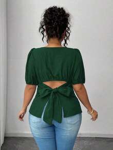 Blusa casual de manga corta con lazo y espalda abierta, unicolor, para mujer talla grande, verano - Verde Oscuro - Ver 2