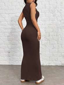 1 pieza Vestido de punto ajustado sin mangas color rojo rosa para mujer - Marrón Chocolate - Ver 2