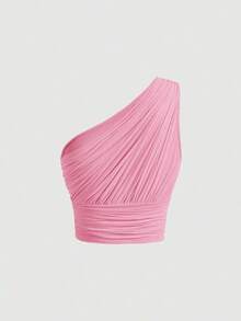 Top crop de un hombro fruncido - Rosa - Ver 2