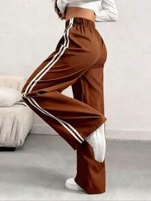 Pantalones informales de mujer con pierna suelta y efecto de contraste de color, para primavera/verano - Marrón - Ver 7