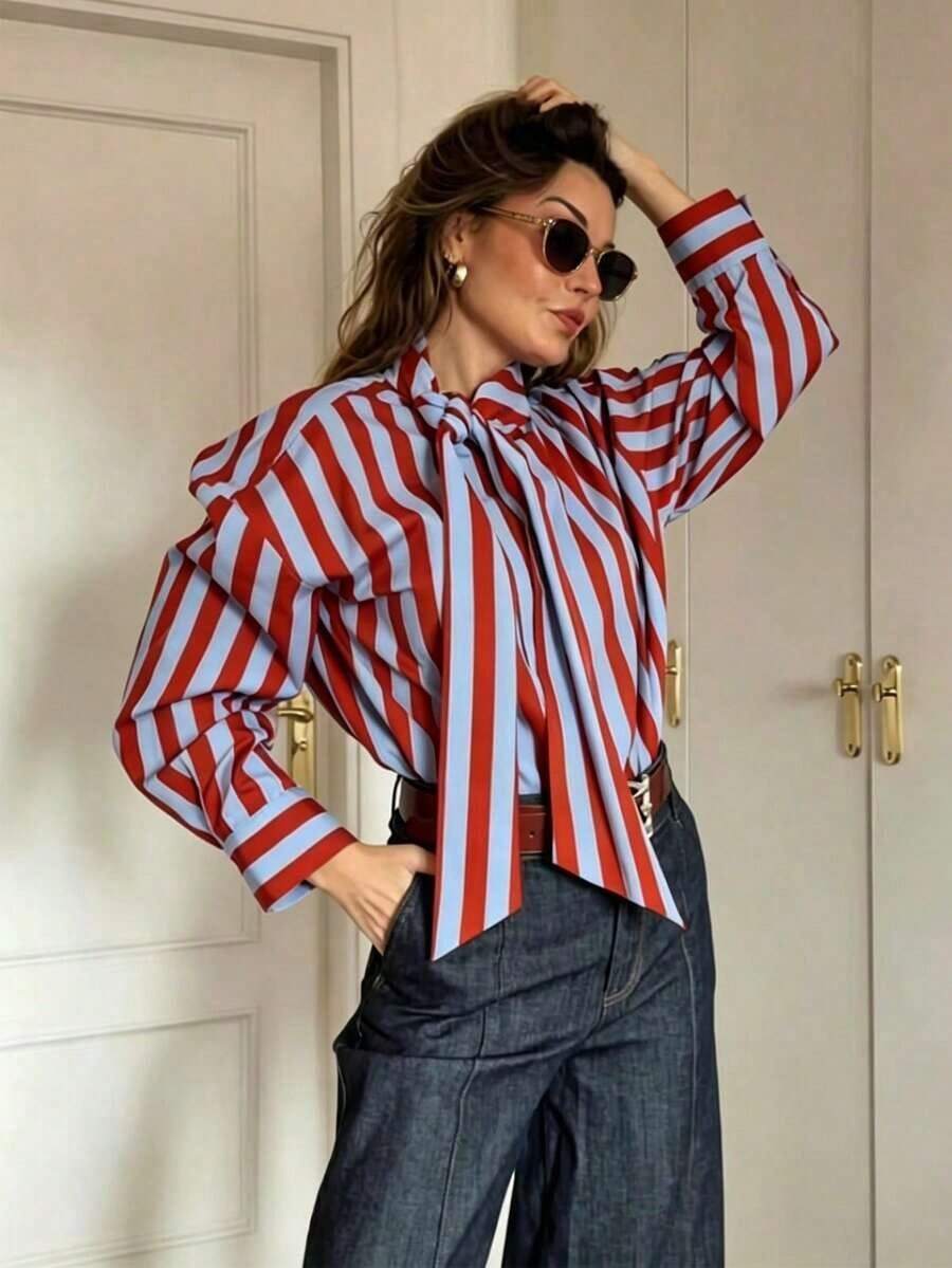 Blusa elegante de mujer con corbata de moño a rayas de contraste, nueva camisa casual de primavera/verano de moda para vacaciones en rojo - Rojo - Ver 1