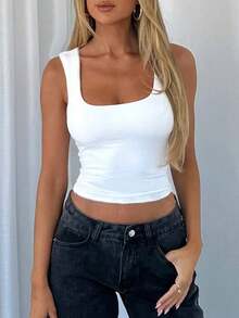 Top de depósito casual corto de verano para mujer con cuello cuadrado básico y unicolor - Blanco - Ver 1