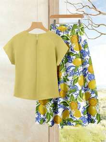 Set de 2 piezas Blusa de unicolor + Falda estampada con flores moradas de estilo casual de vacaciones para mujer, Conjunto de verano para mujer, Conjunto de falda y blusa, Conjunto de falda y blusa para mujer, Conjunto de falda estampada de pri - Multicolor 16 - Ver 2