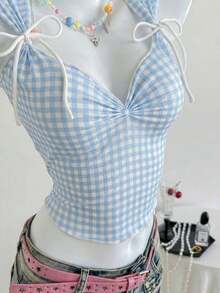 Top a cuadros sin mangas para mujeres con escote de corazón y nudo delantero - Azul - Ver 8