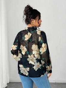 Blusa elegante de talla grande para mujer 2025 con encaje jacquard, parches y mangas con volantes, cintura ceñida y silueta evasé, adecuada para volver al colegio, graduación, vacaciones, San Valentín, festivales de música, Día de la Madre, Hallow - Negro 2 - Ver 2