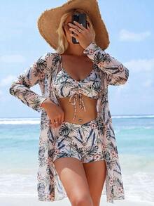 Conjunto de bikini con estampado tropical de tres piezas sujetador de empuje y bottom de bikini tipo hipster y kimono para mujer estilo vacaciones de verano en la playa - Rosa coral - Ver 3