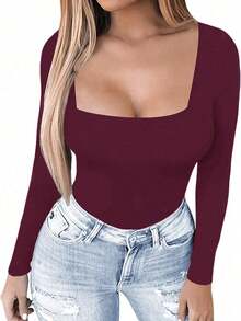 Camiseta ajustada de manga larga con cuello cuadrado para mujer, primavera/verano Y2K, unicolor, sexy, adecuada para el Día de San Valentín y uso casual - Burdeos 2 - Ver 9