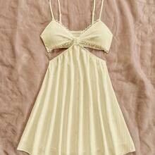 Romantic Casual Vacation Blue & White Printed Contrast Lace Back Lace-Up Hollow Out V-Neck Slip Dress For Women - Rojo - Ver 6