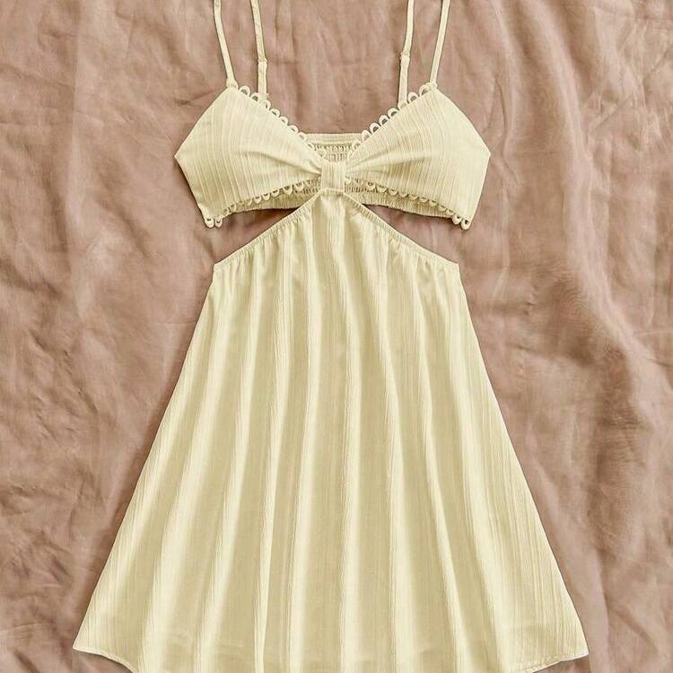 Romantic Casual Vacation Blue & White Printed Contrast Lace Back Lace-Up Hollow Out V-Neck Slip Dress For Women - Amarillo - Añade 6