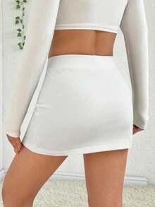 Falda de verano, falda recta con aberturas laterales para mujer, falda casual y sexy de cintura alta con corte mini, lisa, negra, para uso diario casual en primavera/verano - Blanco - Ver 2