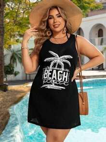 Mono vestido con estampado de árbol de coco talla grande para mujer, atuendo casual para vacaciones en la playa - Negro - Ver 4