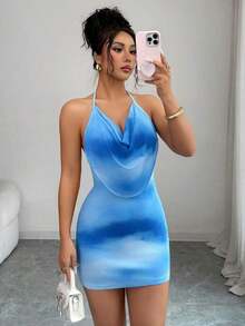 Vestido corto con cuello anudado, efecto drapeado en malla y estampado floral efecto tie-dye - Azul - Ver 3