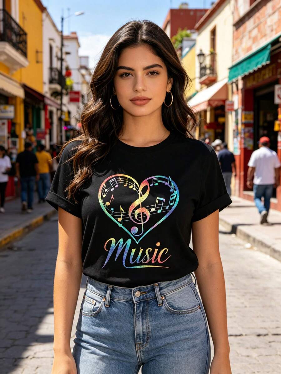 Limited Time Offer, Limited Quantities, Flash ! Women's Casual Shirts, Women's Polyester T-Shirts, Elegant Shirts, Women's Short-Sleeved Athletic T-Shirt With Musical Symbol Design. - 黑色 - 查看 1