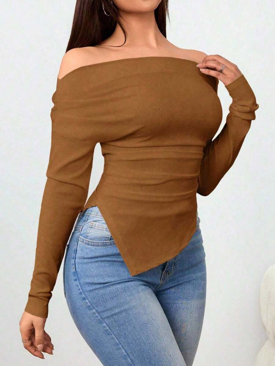 Camiseta hombros descubiertos con hombros fruncidos y bajo asimétrico - Marrón Mocha - Ver 1