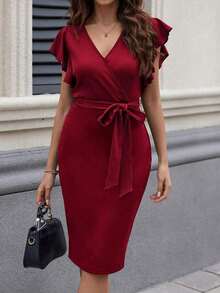Vestido midi con estampado floral y cuello en V con mangas cortas, elegante para vacaciones - Rosa Roja - Ver 3