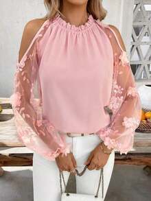 Blusa casual de verano para mujer con mangas de linterna, hombros descubiertos y cuello en unicolor - Rosa - Ver 6