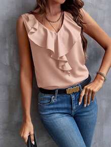 Blusa sin mangas con ribete de volantes, blusas sin mangas de verano elegantes para damas - Rosa vieja - Ver 4