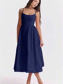 Vestido de fiesta elegante de verano con cuello en U, drapeado y bajo acampanado de unicolor - Azul marino - Ver 2