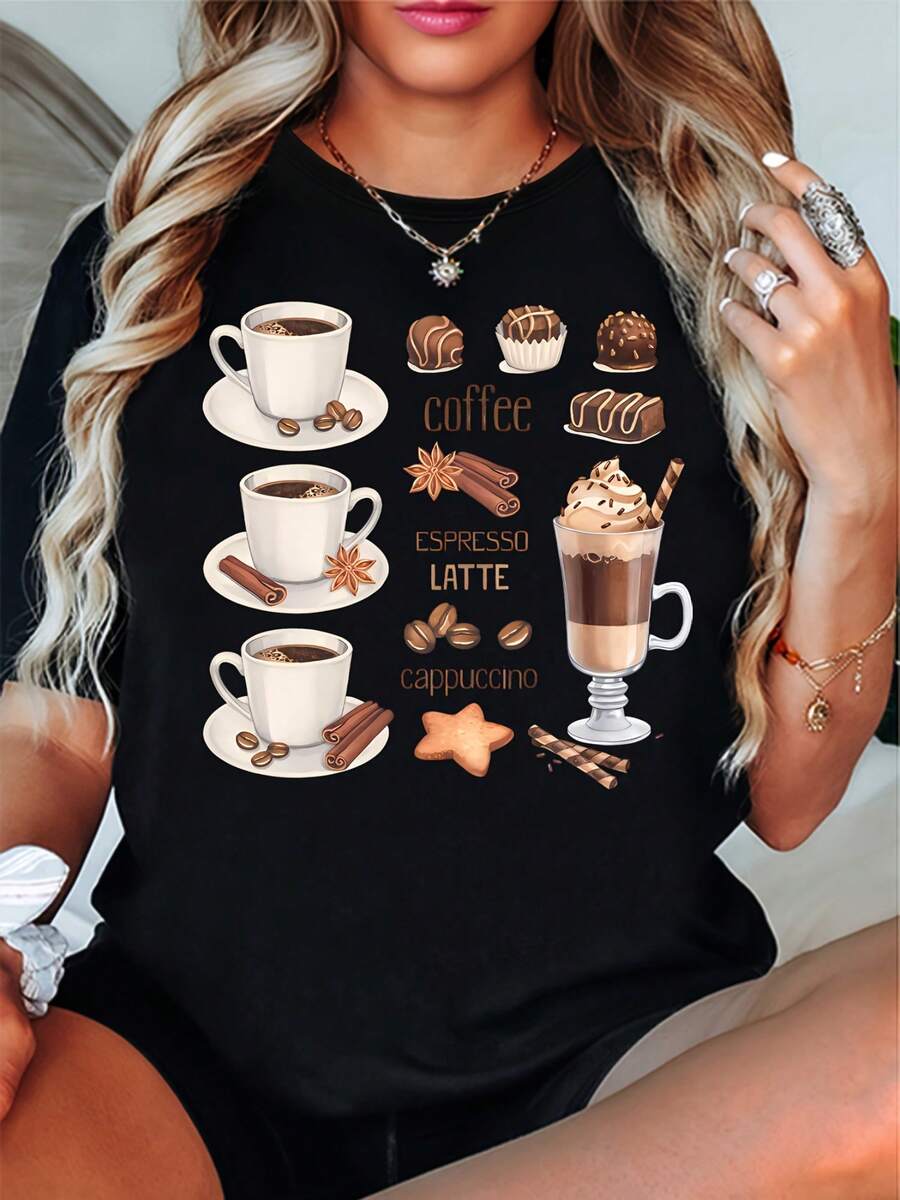 Unisex T-Shirt With Coffee, Chocolate, And Ice Cream Print | 100% Pure Cotton Casual T-Shirt | A Must-Have For Coffee Lovers | Machine Washable | Comfortable Fit | Everyday Casual Wear - 黑色 - 查看 1
