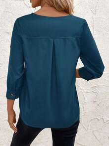 Clasi Blusa casual sencilla para uso diario con cuello redondo, manga corta y botones delanteros para mujer - Agua verde azul - Ver 3