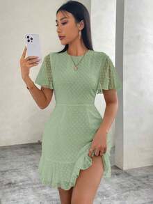 Vestido de gasa de lunares para el Día de San Valentín para mujeres con mangas con volantes y dobladillo acampanado - verde menta - Ver 6