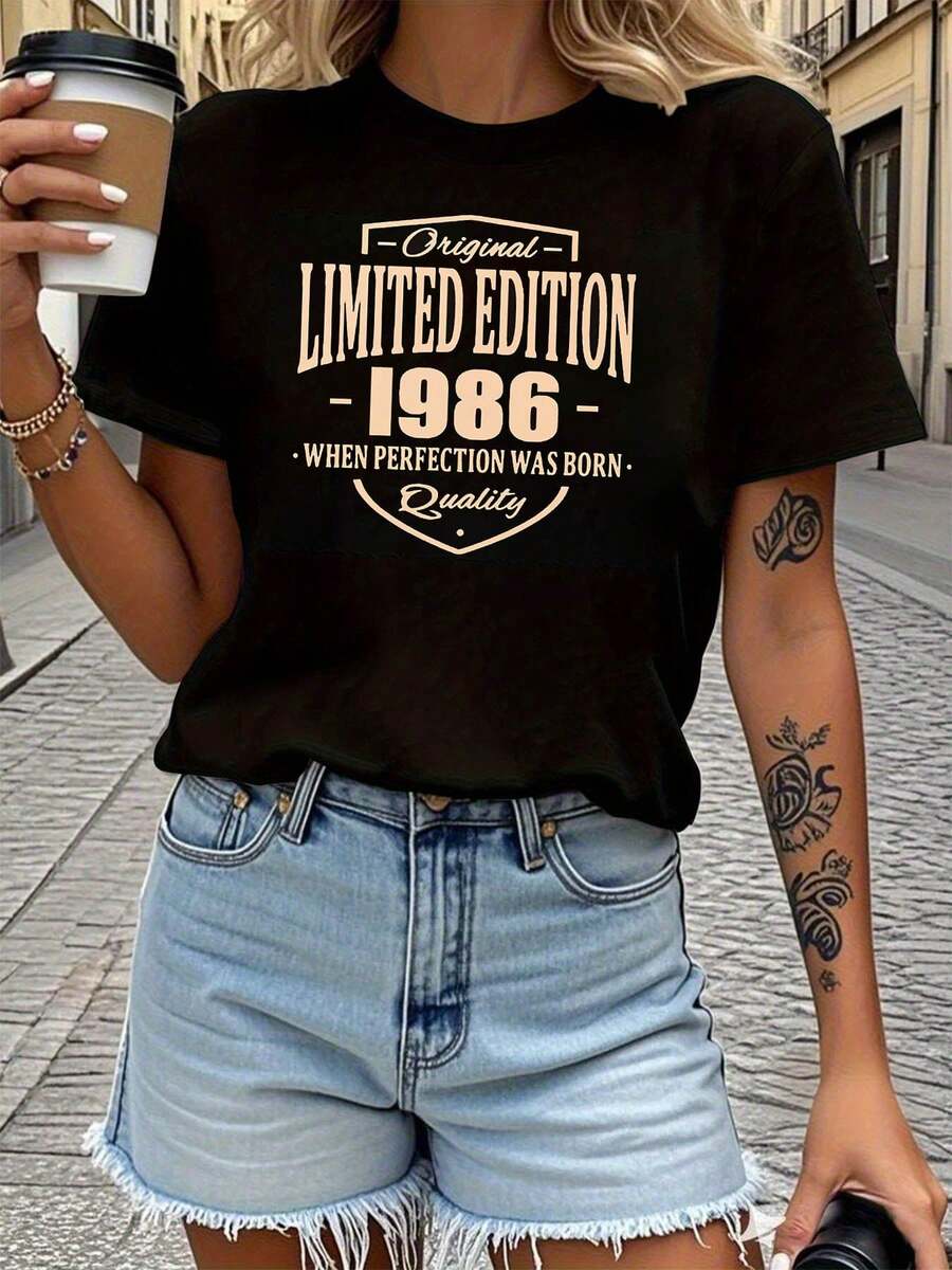 LIMITED EDITION 1986 WHEN PERFECTION WAS BORN Women's Short Sleeve Crew Neck T-Shirt With Text Print, Ideal For Casual Shopping, Christmas Gifts, Friends Gatherings, Music Parties And Holiday Wear. - 黑色 - 查看 1