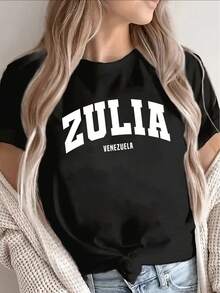 Polyester Short-Sleeved T-Shirt, Decorated With A  Zulia Print, Suitable For Everyday Casual Wear At Home, In Restaurants, Or For Outdoor Occasions. Lightweight And Durable Design, Comfortable Fit For Women. - 黑色 - 查看 6