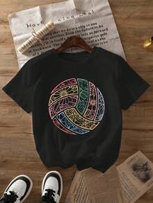 Floral Volleyball Print T-Shirt, Casual Short-Sleeved Crew Neck Top For Women. Suitable For All Seasons, Ideal Women's Clothing For Labor Day. - 黑色 - 查看 1