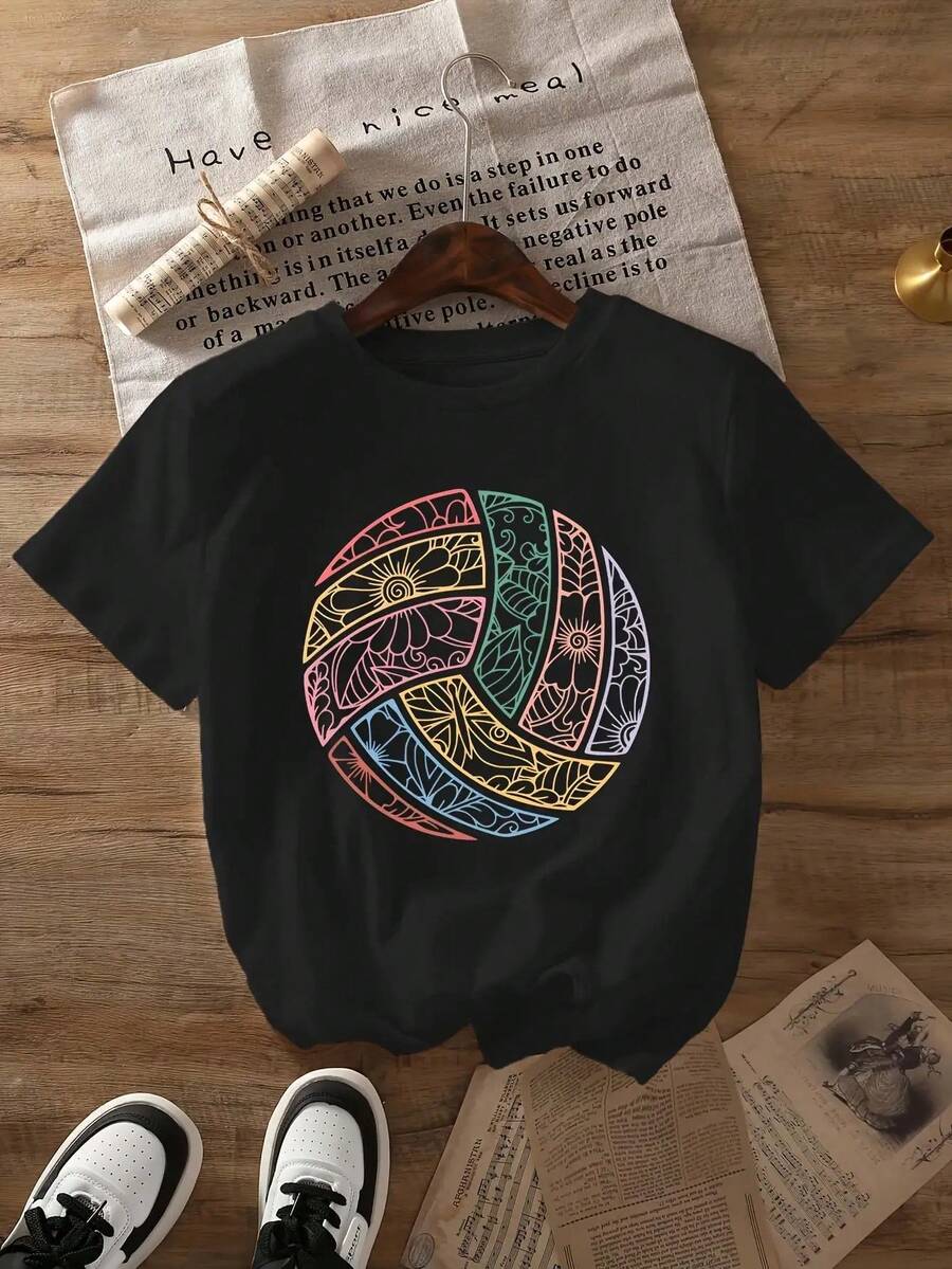 Floral Volleyball Print T-Shirt, Casual Short-Sleeved Crew Neck Top For Women. Suitable For All Seasons, Ideal Women's Clothing For Labor Day. - 黑色 - 查看 1