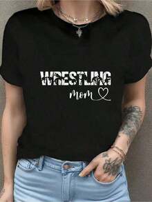 Women's Gift T-Shirt With "Wrestling Mom" Print, 100% Cotton, Round Neck, Soft Short Sleeve For Spring And Summer, Fun Graphic T-Shirts For Women, Graphic Tees, Women's Tops, Summer T-Shirt, Casual T-Shirt, Women's Holiday Wear, Youthful And Fashionable Design, Suitable For Spring, Summer And Autumn. - 黑色 - 查看 1