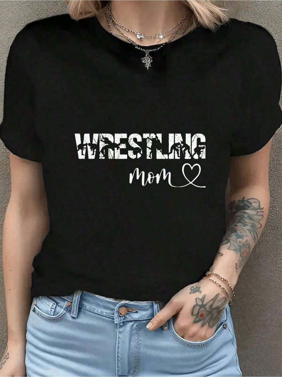 Women's Gift T-Shirt With "Wrestling Mom" Print, 100% Cotton, Round Neck, Soft Short Sleeve For Spring And Summer, Fun Graphic T-Shirts For Women, Graphic Tees, Women's Tops, Summer T-Shirt, Casual T-Shirt, Women's Holiday Wear, Youthful And Fashionable Design, Suitable For Spring, Summer And Autumn. - 黑色 - 查看 1
