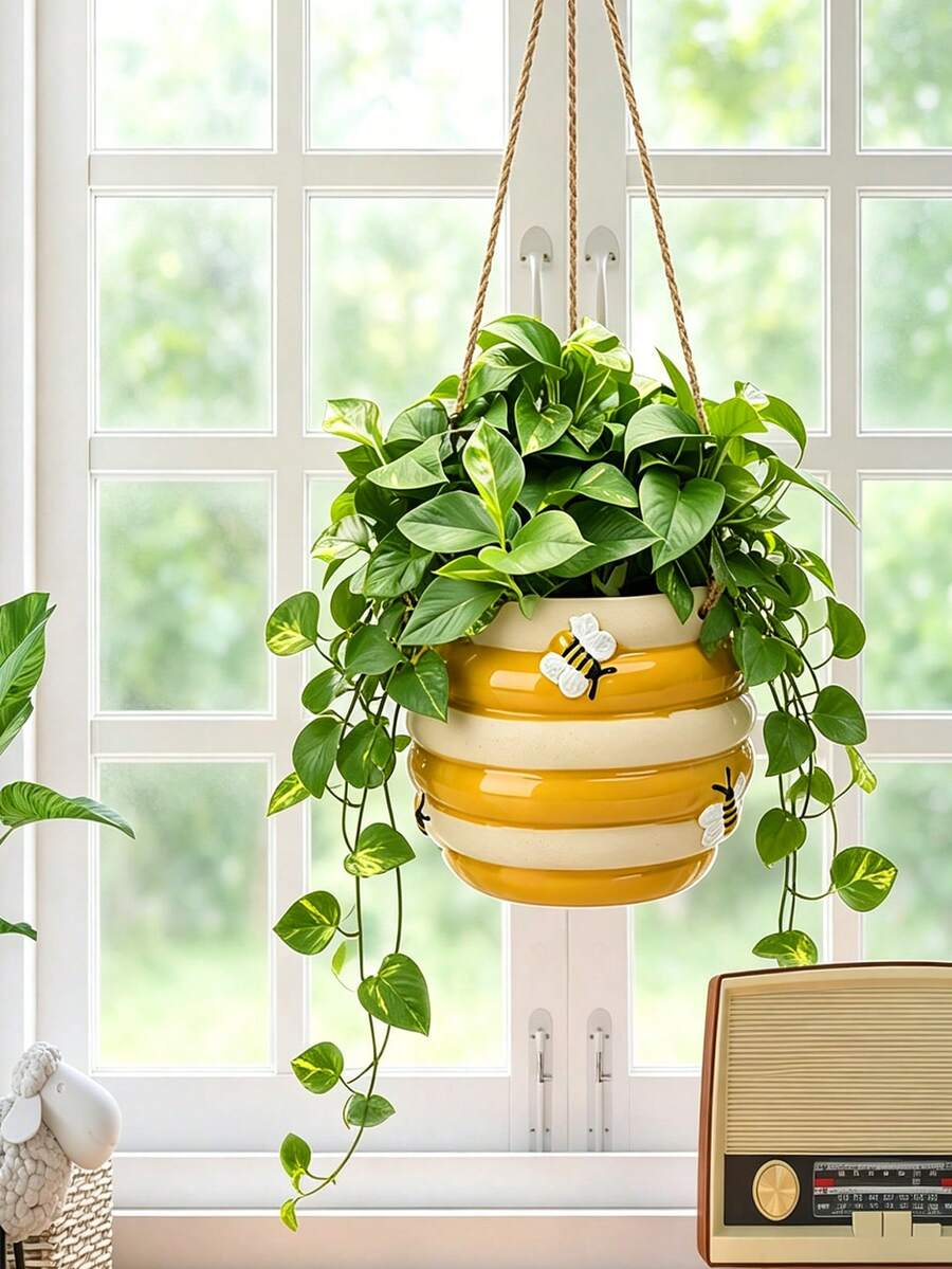 Hanging Flower Pot, Cute Bee Design, Suitable For Indoor And Outdoor Use, Yellow Succulent Plant Pot, Mid-Century Style Flower Pot - Multicolor - View 1