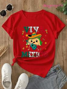 Limited Edition MGY Viva Mexico Graphic T-Shirt For Women, Size -% Cotton, Short Sleeve, Crew Neck, Casual Style With Vibrant Mexican Culture Design, Maracas, Sombrero And Chiles Print, Black And Red/Blue Green, Machine Washable, All Season Comfort, Lightweight Cotton - 紅色 - 查看 4