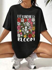 PremiumWomen Let Kindness Bloom Camiseta con Estampado Floral Vibrante, Casual, de Corte Holgado, Manga Corta, Cuello Redondo, Mensaje Positivo, Estampado Floral Bohemio de Verano, Suave, Transpirable, Ajuste Holgado, para Uso Diario, Top Negro, Ecológico - Negro - Ver 6