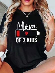 [Oferta especial de festividades] Camiseta de mujer de manga corta y cuello redondo para primavera/verano con estampado de texto "Mother's Day Mom OF 3", adecuada para compras informales, regalos de festividades, reuniones de amigos, fiestas musicales y ropa de vacaciones - Negro - Ver 1
