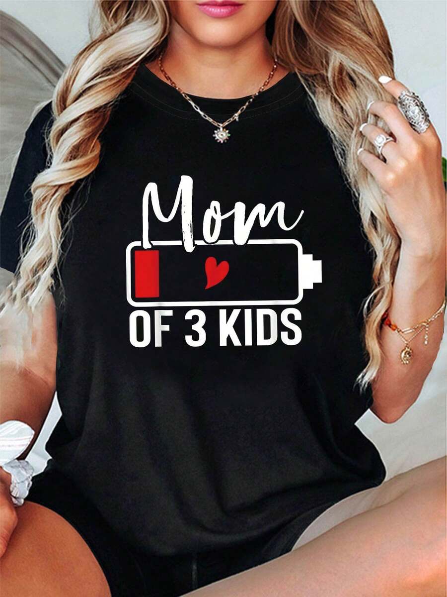 [Oferta especial de festividades] Camiseta de mujer de manga corta y cuello redondo para primavera/verano con estampado de texto "Mother's Day Mom OF 3", adecuada para compras informales, regalos de festividades, reuniones de amigos, fiestas musicales y ropa de vacaciones - Negro - Ver 1