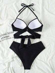 Swim Mod Conjunto de bikini de tirantes cruzados con envoltura de playa y soporte push-up para el verano - Negro - Ver 2