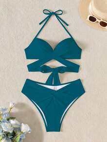 Swim Mod Conjunto de bikini de tirantes cruzados con envoltura de playa y soporte push-up para el verano - Azul - Ver 3