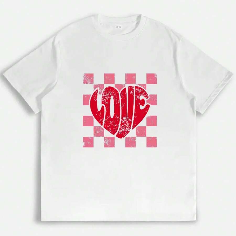 Heart And Check Print T-Shirt, Y2K Style, Women's T-Shirts, Cute, Vintage, Casual, For Everyday Wear, Soft And Comfortable, Summer T-Shirts, Valentine's Day Gifts, Printed Tops - 白色 - 查看 1